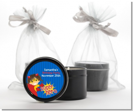 Superhero Girl - Birthday Party Black Candle Tin Favors