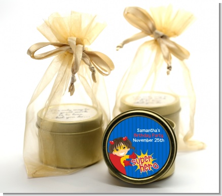 Superhero Girl - Birthday Party Gold Tin Candle Favors