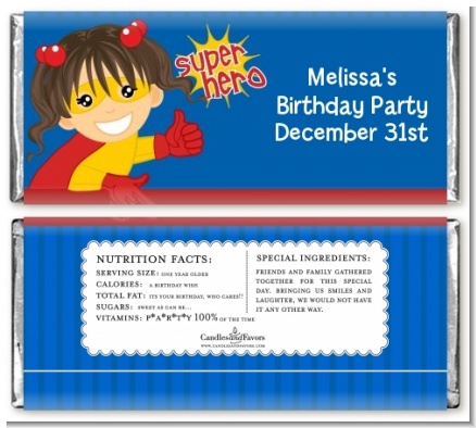 Superhero Girl - Personalized Birthday Party Candy Bar Wrappers