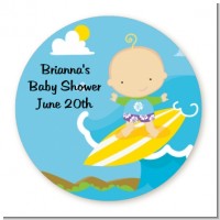 Surf Boy - Round Personalized Baby Shower Sticker Labels