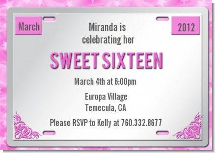 Sweet 16 License Plate - Birthday Party Invitations