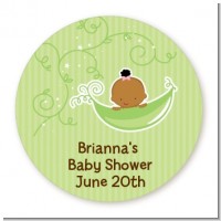 Sweet Pea African American Girl - Round Personalized Baby Shower Sticker Labels