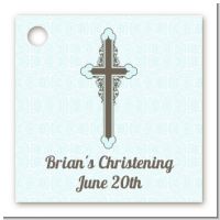 Cross Blue & Brown - Personalized Baptism / Christening Card Stock Favor Tags