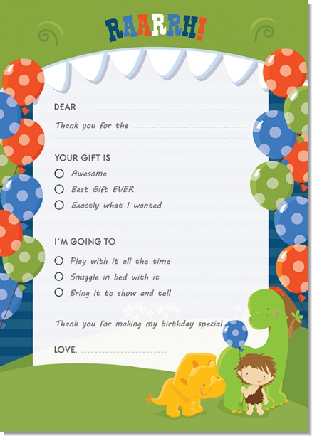 Dinosaur and Caveman - Birthday Party Fill In Thank You Cards