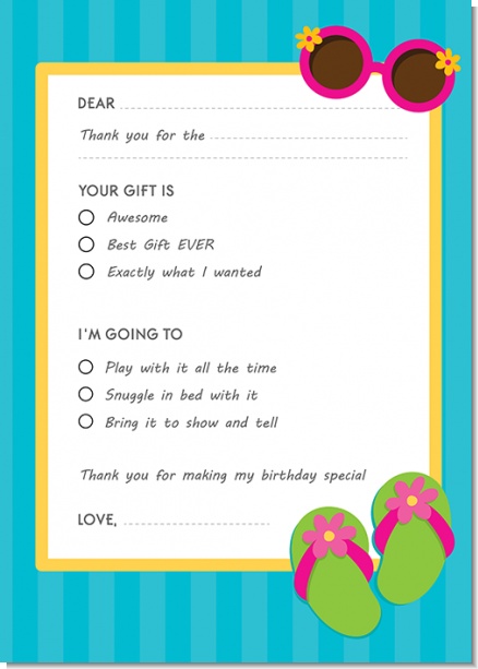 Flip Flops Girl Pool Party - Birthday Party Fill In Thank You Cards