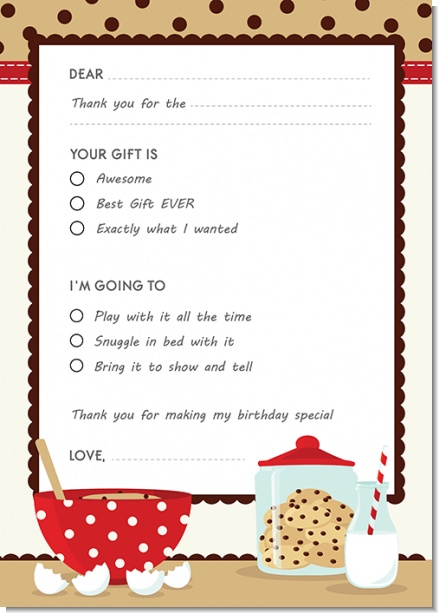 Milk & Cookies - Birthday Party Fill In Thank You Cards