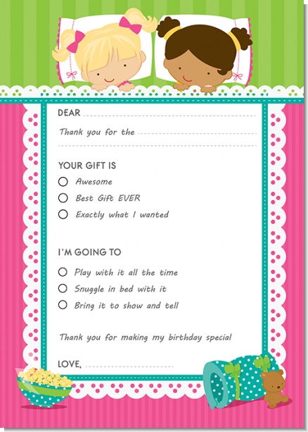 Slumber Party with Friends - Birthday Party Fill In Thank You Cards