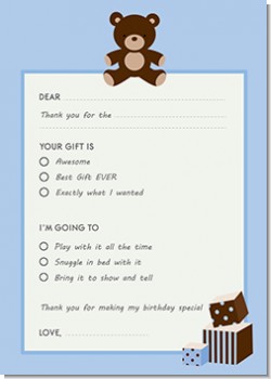 Teddy Bear Blue - Birthday Party Fill In Thank You Cards