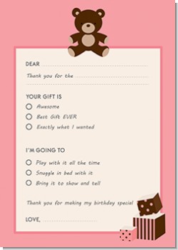 Teddy Bear Pink - Birthday Party Fill In Thank You Cards