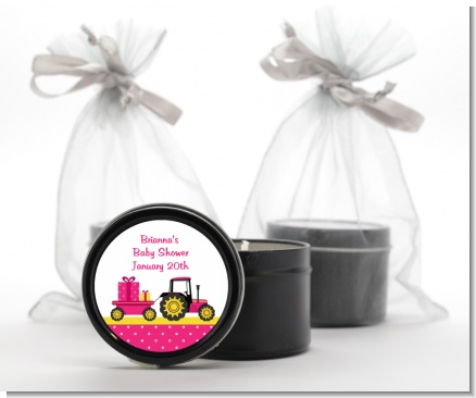 Tractor Truck Pink - Baby Shower Black Candle Tin Favors