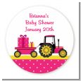 Tractor Truck Pink - Round Personalized Baby Shower Sticker Labels thumbnail
