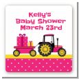 Tractor Truck Pink - Square Personalized Baby Shower Sticker Labels thumbnail