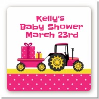 Tractor Truck Pink - Square Personalized Baby Shower Sticker Labels