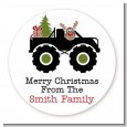 Truck with Rudolph - Round Personalized Christmas Sticker Labels thumbnail