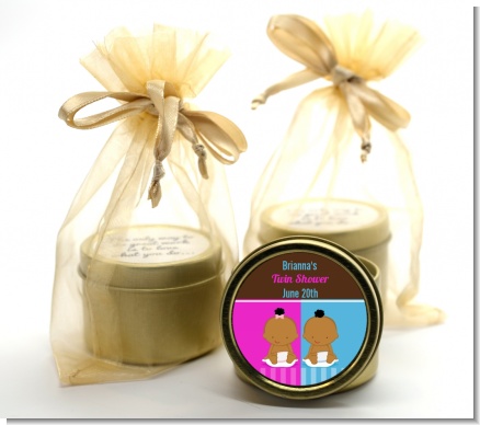 Twin Babies 1 Boy and 1 Girl African American - Baby Shower Gold Tin Candle Favors