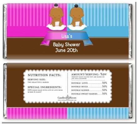 Twin Babies 1 Boy and 1 Girl African American - Personalized Baby Shower Candy Bar Wrappers