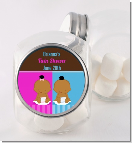 Twin Babies 1 Boy and 1 Girl African American - Personalized Baby Shower Candy Jar