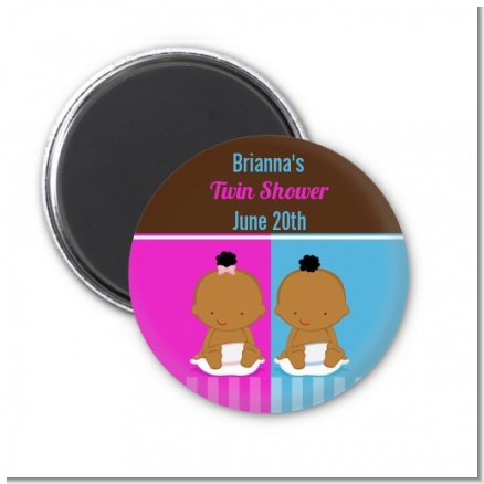 Twin Babies 1 Boy and 1 Girl African American - Personalized Baby Shower Magnet Favors
