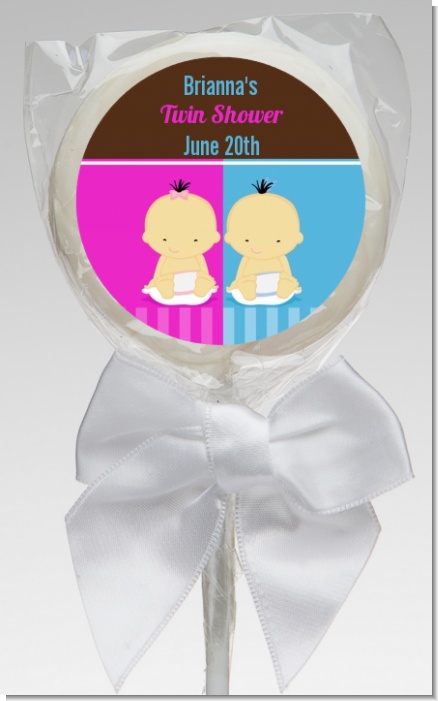 Twin Babies 1 Boy and 1 Girl Asian - Personalized Baby Shower Lollipop Favors