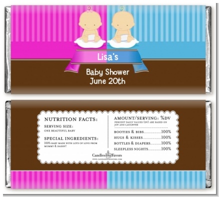 Twin Babies 1 Boy and 1 Girl Caucasian - Personalized Baby Shower Candy Bar Wrappers