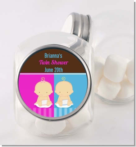 Twin Babies 1 Boy and 1 Girl Caucasian - Personalized Baby Shower Candy Jar