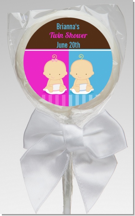 Twin Babies 1 Boy and 1 Girl Caucasian - Personalized Baby Shower Lollipop Favors
