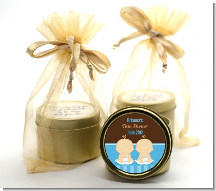 Twin Baby Boys Caucasian - Baby Shower Gold Tin Candle Favors