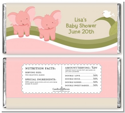 Twin Elephant Girls - Personalized Baby Shower Candy Bar Wrappers
