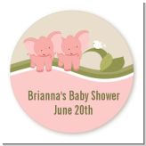 Twin Elephant Girls - Round Personalized Baby Shower Sticker Labels