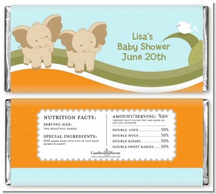 Twin Elephants - Personalized Baby Shower Candy Bar Wrappers
