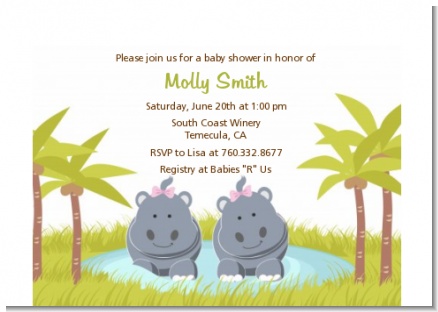 Twin Hippo Girls - Baby Shower Petite Invitations