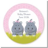 Twin Hippo Girls - Round Personalized Baby Shower Sticker Labels