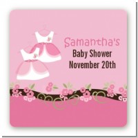 Twin Little Girl Outfits - Square Personalized Baby Shower Sticker Labels