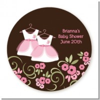 Twin Little Girl Outfits - Round Personalized Baby Shower Sticker Labels