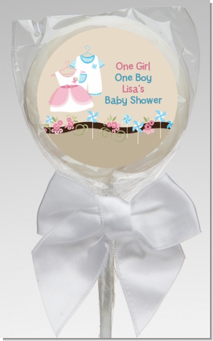 Twin Little Outfits 1 Boy and 1 Girl - Personalized Baby Shower Lollipop Favors