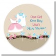 Twin Little Outfits 1 Boy and 1 Girl - Round Personalized Baby Shower Sticker Labels thumbnail