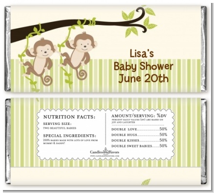 Twin Monkey - Personalized Baby Shower Candy Bar Wrappers