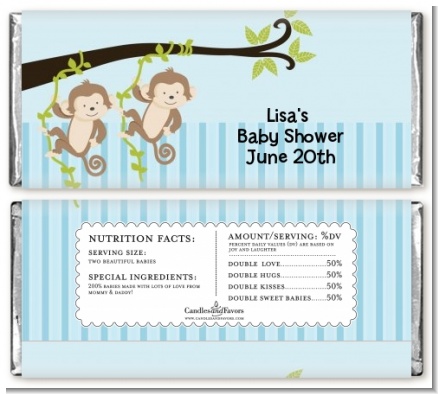 Twin Monkey Boys - Personalized Baby Shower Candy Bar Wrappers