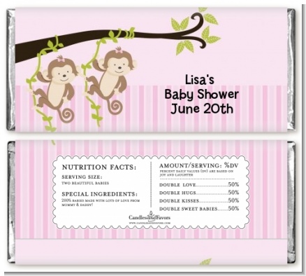 Twin Monkey Girls - Personalized Baby Shower Candy Bar Wrappers