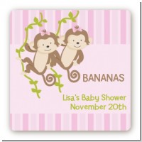 Twin Monkey Girls - Square Personalized Baby Shower Sticker Labels