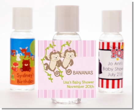 Twin Monkey Girls - Personalized Baby Shower Hand Sanitizers Favors