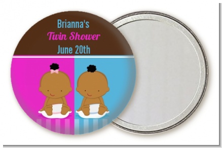 Twin Babies 1 Boy and 1 Girl African American - Personalized Baby Shower Pocket Mirror Favors