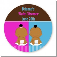 Twin Babies 1 Boy and 1 Girl African American - Round Personalized Baby Shower Sticker Labels