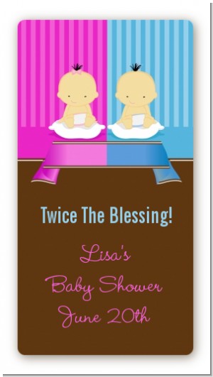 Twin Babies 1 Boy and 1 Girl Asian - Custom Rectangle Baby Shower Sticker/Labels