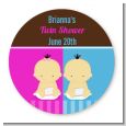 Twin Babies 1 Boy and 1 Girl Asian - Round Personalized Baby Shower Sticker Labels thumbnail
