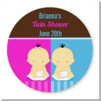 Twin Babies 1 Boy and 1 Girl Asian - Round Personalized Baby Shower Sticker Labels