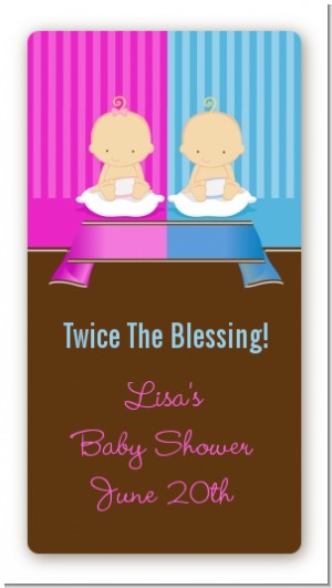 Twin Babies 1 Boy and 1 Girl Caucasian - Custom Rectangle Baby Shower Sticker/Labels