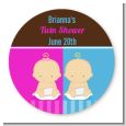Twin Babies 1 Boy and 1 Girl Caucasian - Round Personalized Baby Shower Sticker Labels thumbnail