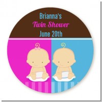 Twin Babies 1 Boy and 1 Girl Caucasian - Round Personalized Baby Shower Sticker Labels