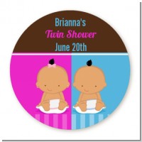 Twin Babies 1 Boy and 1 Girl Hispanic - Round Personalized Baby Shower Sticker Labels